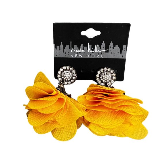 Nicole Miller New York Floral Earrings Mustard Yellow Gold Rhinestone NWT - Picture 1 of 11